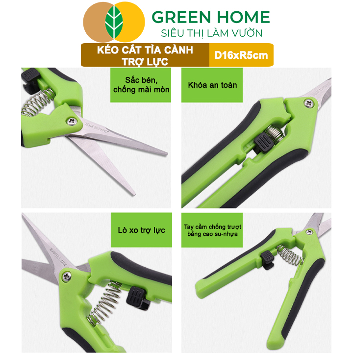 Kéo Cắt Cành GreenHome, D16,5xR4,5cm, Inox, Mũi Nhọn, Siêu Bén, Không Gỉ, Có Khoá An Toàn, Nhiều Màu Lựa Chọn