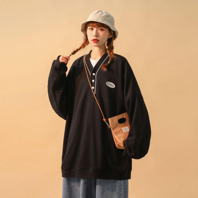 Áo Sweater Nỉ Unisex Viền Cổ Phối Nút Form Rộng Ulzzang ZoZo_Unisex