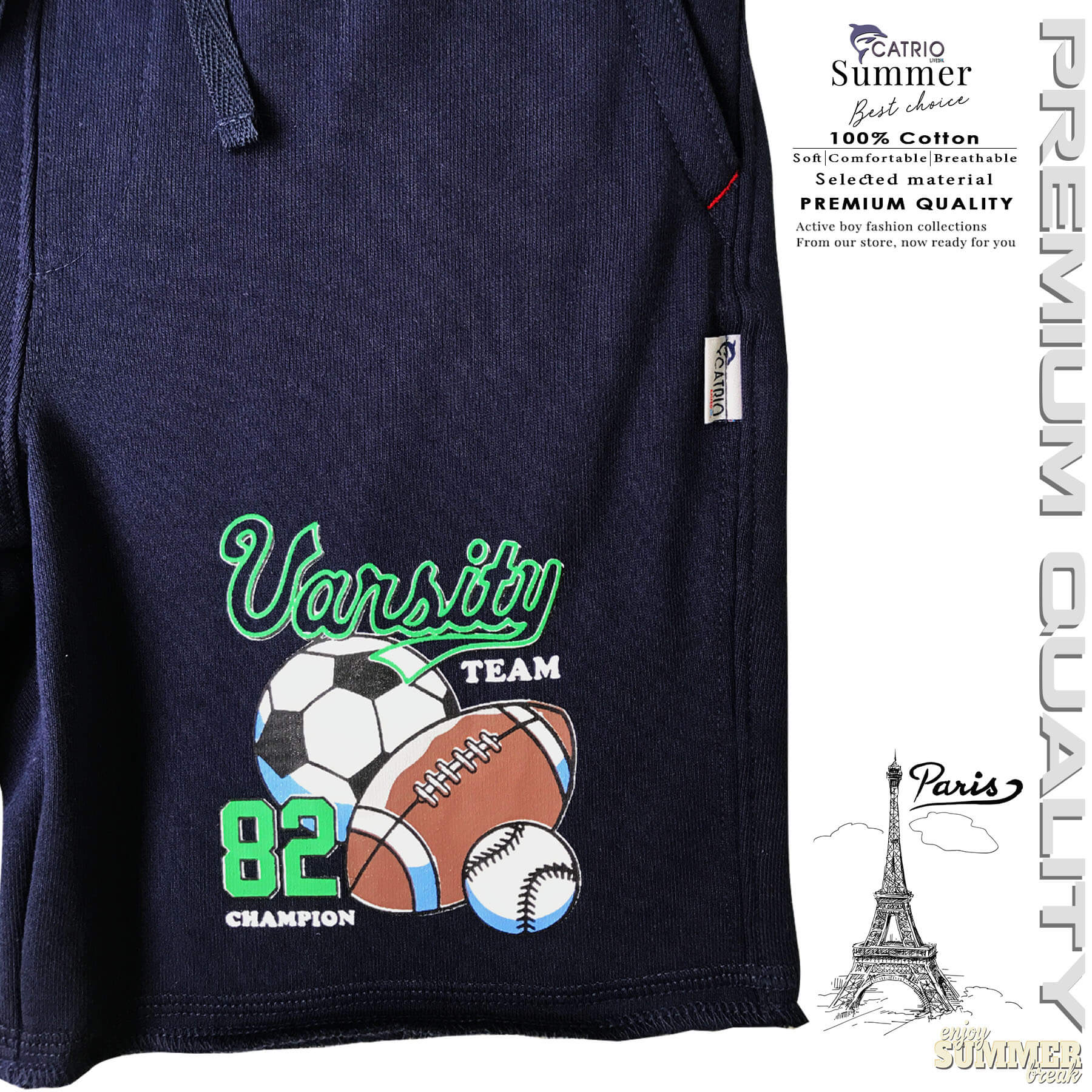 QUẦN SHORT BÉ TRAI CATRIO IN VARSITY MÀU NAVY là quần ngố, quần lửng trẻ em từ 5 tuổi 20kg đến 14 tuổi 50kg, vải dệt kiểu da cá 100% cotton an toàn đạt chuẩn xuất khẩu, khi kết hợp với áo phông ngắn tay thành bộ đồ bé trai mặc đi học, đi chơi du lịch đẹp