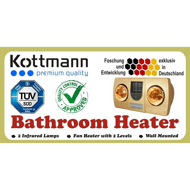 Đèn sưởi treo tường 2 bóng vàng kèm thổi gió nóng Kottmann dùng công tắc - K2B-HW-G- Hàng chính hãng