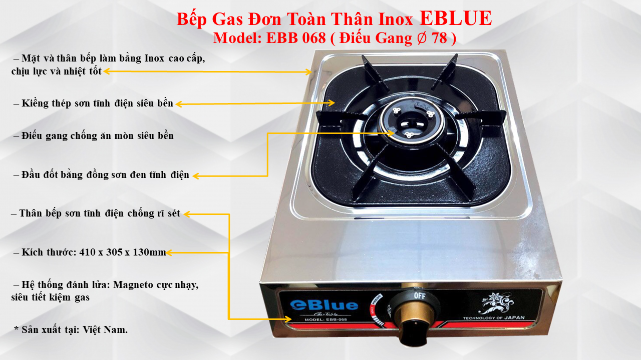 Bếp Gas Đơn Toàn Thân INOX eBlue (Điếu Gang)- EBB068- Hàng Chính Hãng