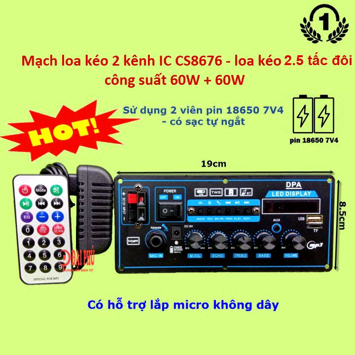 Mạch loa kéo 2 kênh dùng 2 pin 18650 7.4V dùng cho loa kéo 2.5 tấc đôi Karaoke Bluetooth