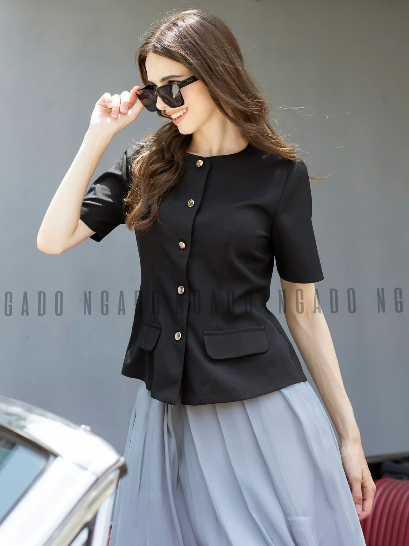 Set áo váy đen chân váy tơ xám NGADO , set áo váy dài , set công sở