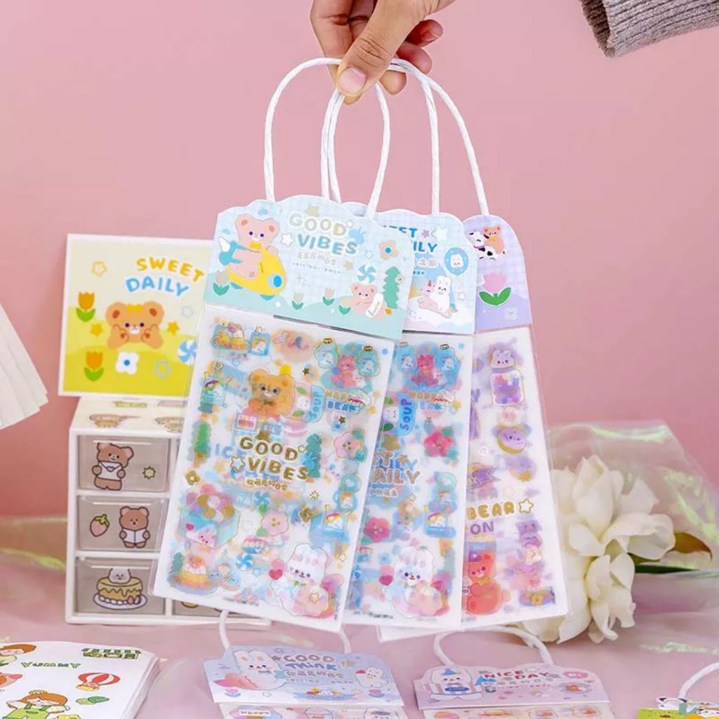 Set 3 Túi Sticker ( 9 Tấm Hình Dán ) Phong Cách Hàn Quốc Siêu Dễ Thương Có Quai Xách