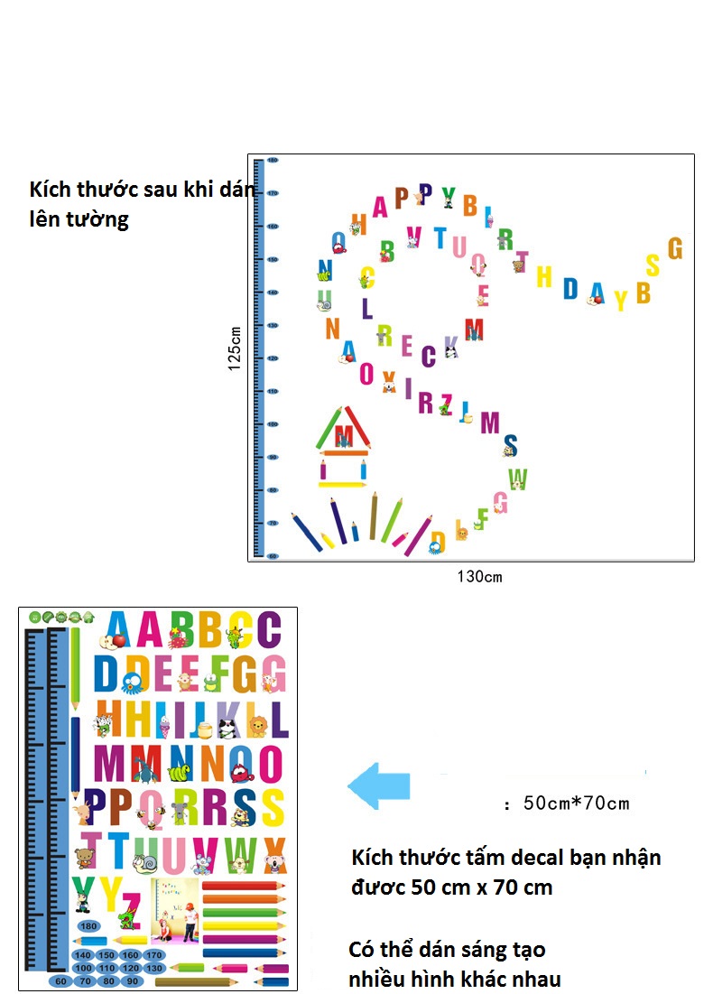 Decal dán tường bảng chữ cái giúp bé học giỏi thông minh có thước đo chiều cao
