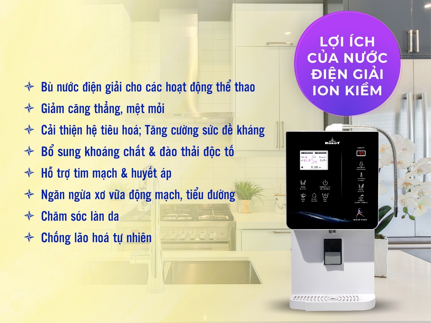 Máy Lọc Nước Điện Giải Ion Kiềm ROBOT IonQueen 711 Chế Độ Nóng Nguội Lạnh - 7 Tấm Điện Cực Titanium Phủ Platium - Hàng Chính Hãng