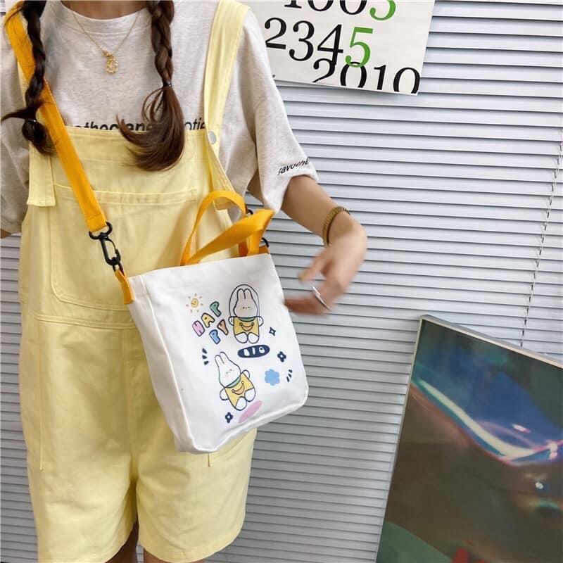 Túi Tote Túi Vải Nữ Canvas đeo chéo Thỏ mini Trắng phong cách Hàn Quốc có dây kéo và ngăn phụ mang được 2 kiểu tiện lợi