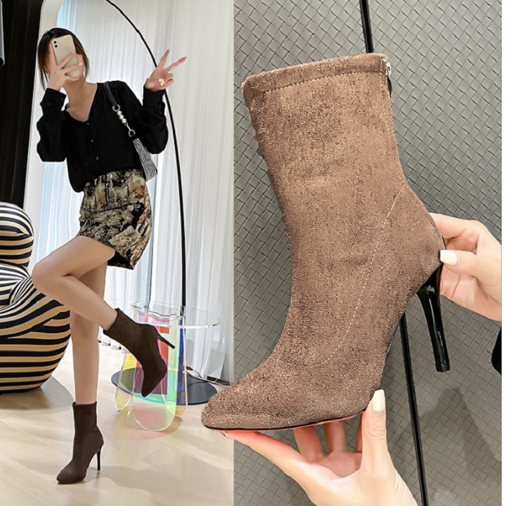 Giày boots nữ cao gót 9 phân da lộn mũi nhọn cổ lửng, bốt nữ cao cấp S063