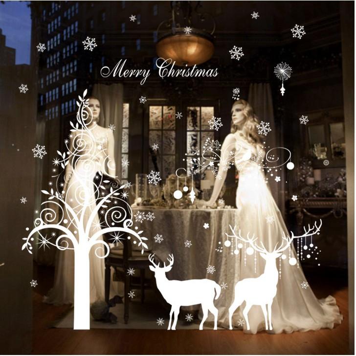 Decal trang trí noel thông trắng và Đôi Nai Trắng size lớn