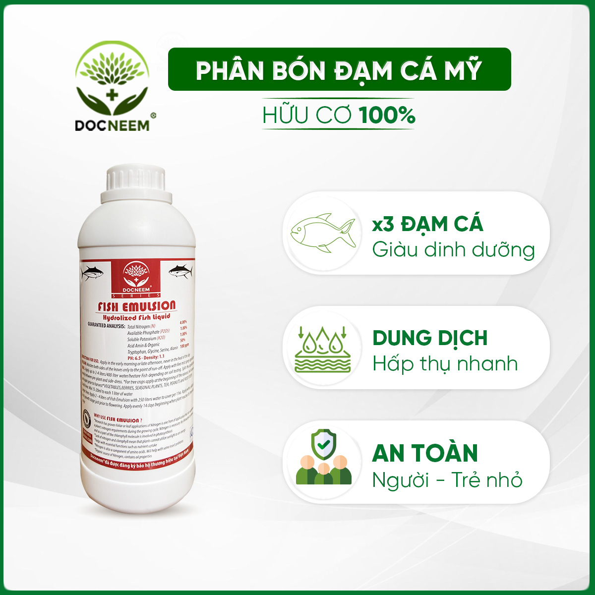 Phân đạm cá Docneem, phân cá Fish Emulsion (1 lít) hữu cơ cho hoa hồng, rau sạch, hoa, cây kiểng trong nhà ngoài trời