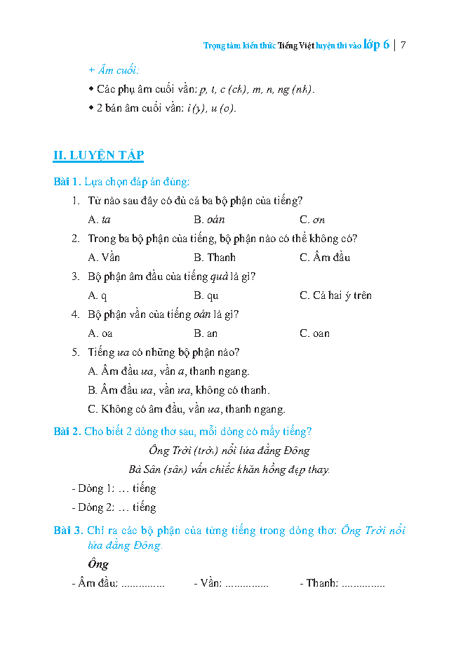 Trọng Tâm Kiến Thức Tiếng Việt Luyện Thi Vào Lớp 6 - Có Đáp Án - Tập 1