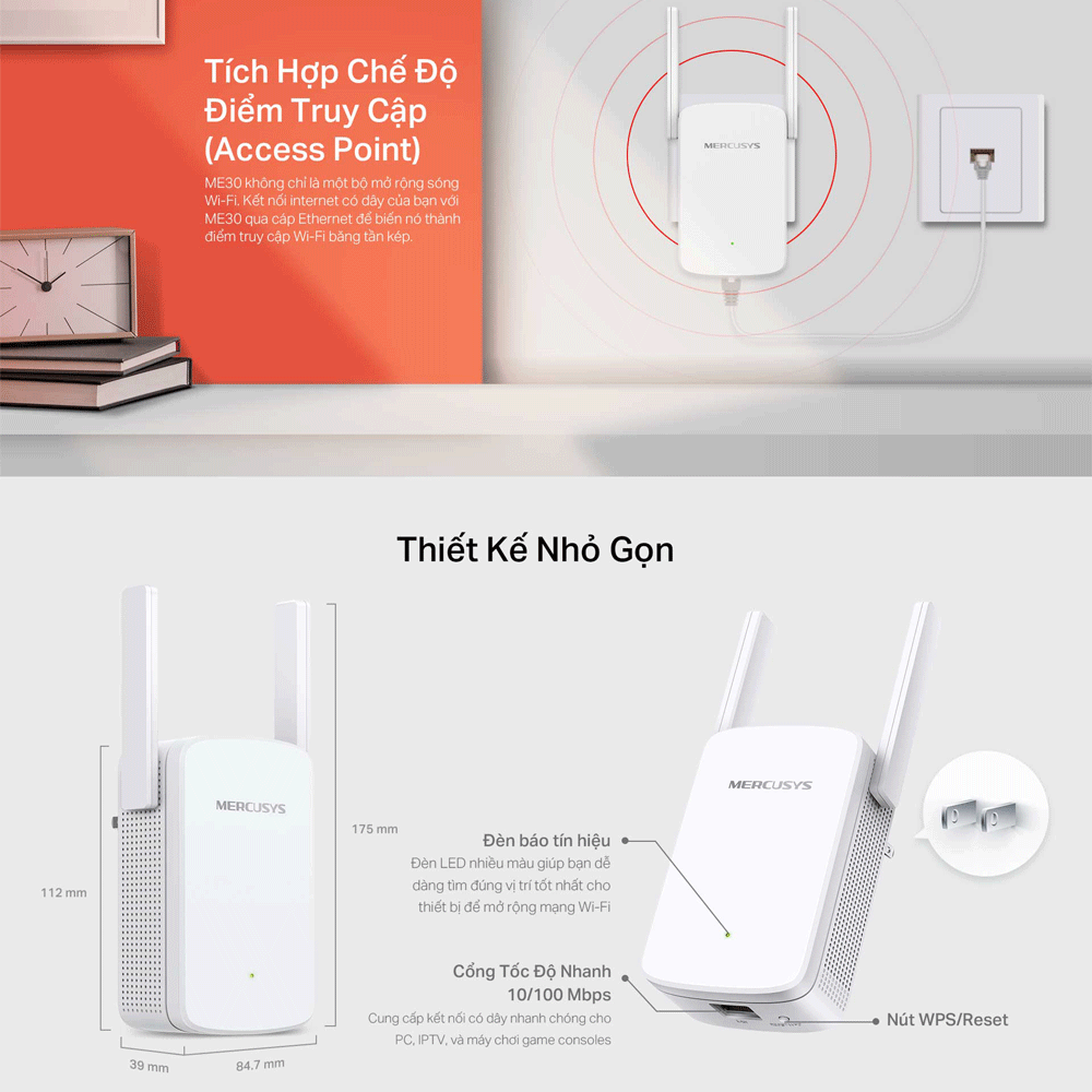 Bộ Mở Rộng Sóng Wifi MERCUSYS ME30 Chuẩn AC 1200Mpbs - Hàng Chính Hãng