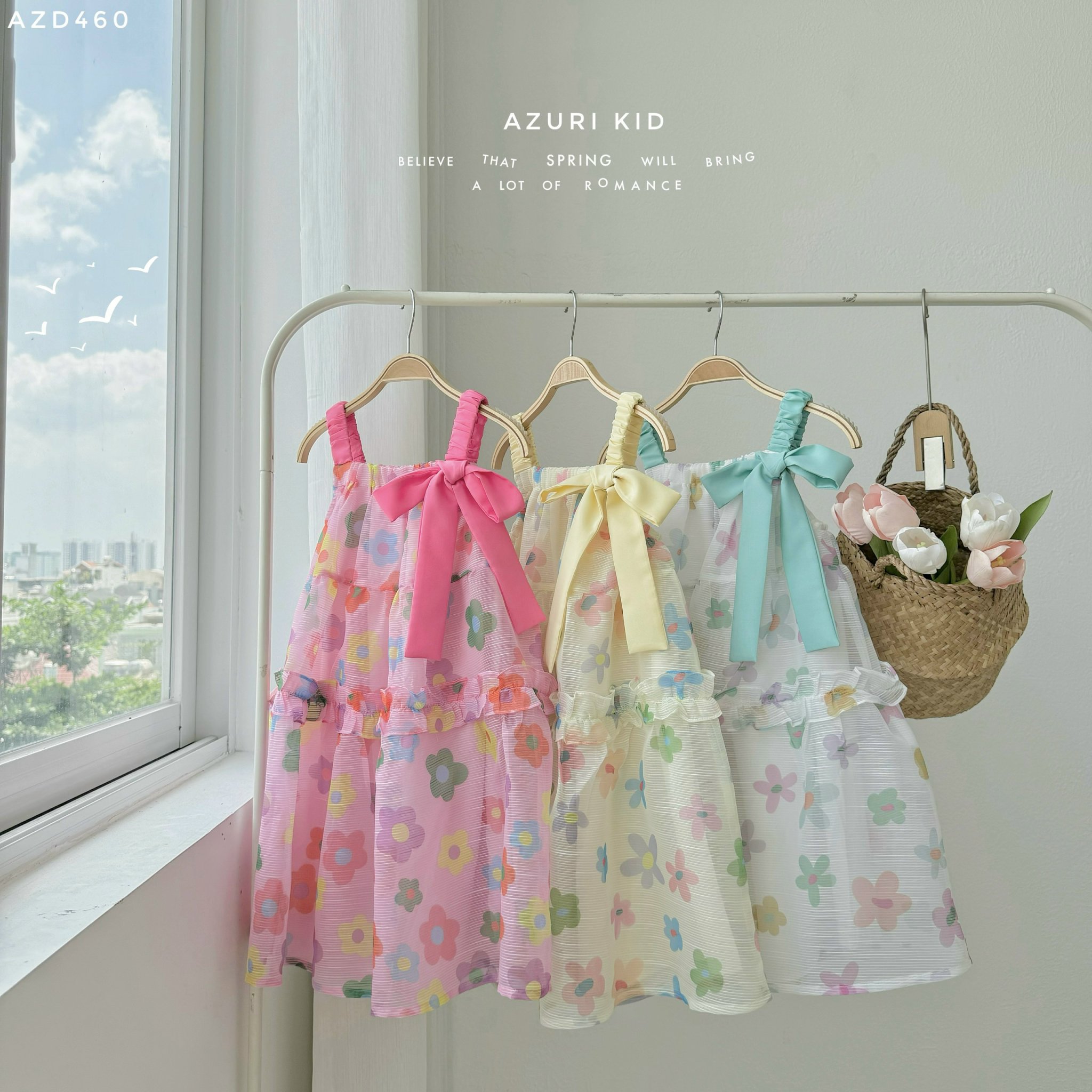 Đầm babydoll cho bé gái đính nơ cánh tiên phong cách Hàn Quốc từ 12-35kg chất vải tơ mềm mát
