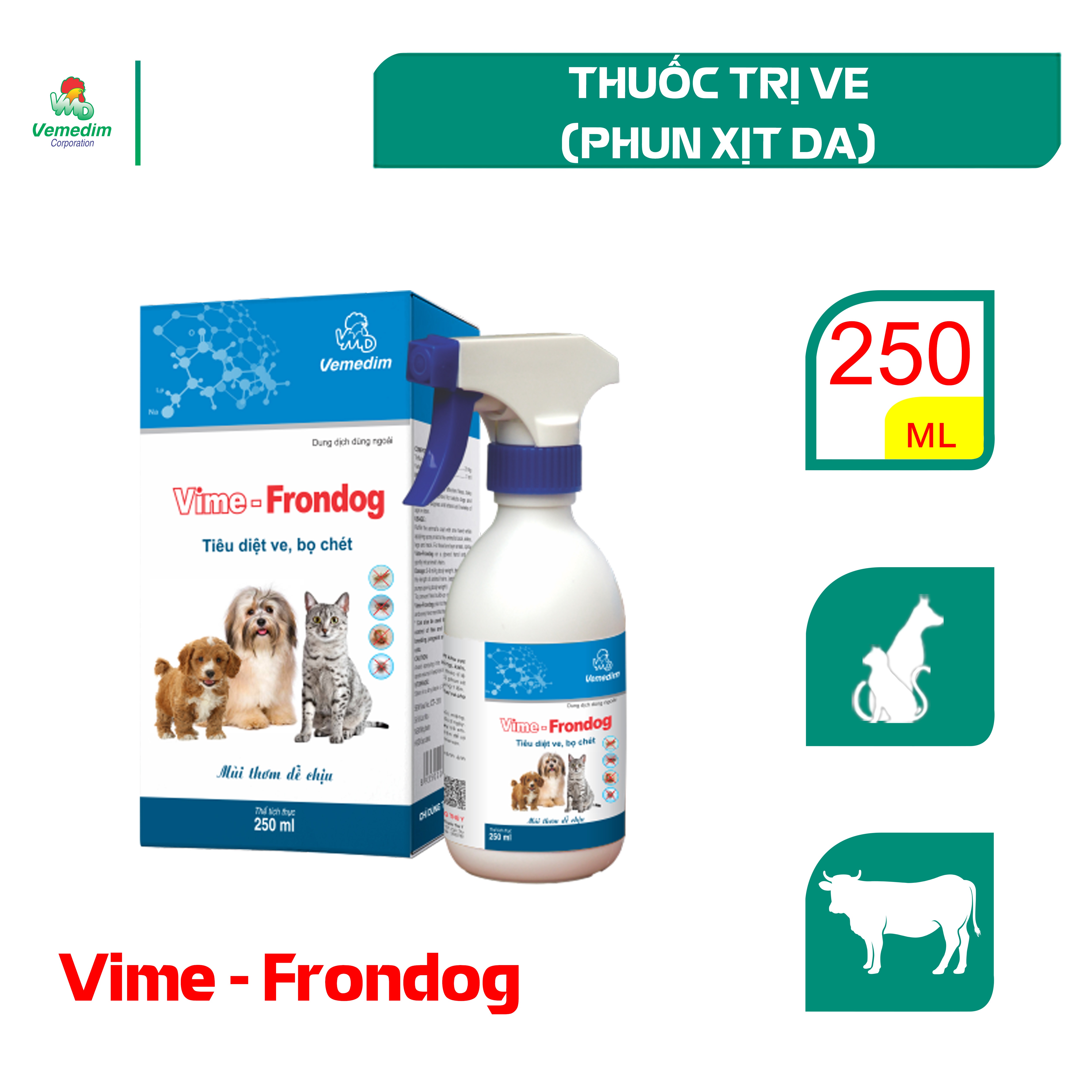 Vemedim Vime Frondog phòng trị ve, rận, bọ chét cho chó mèo, chai xịt dễ sử dụng, chai 250ml
