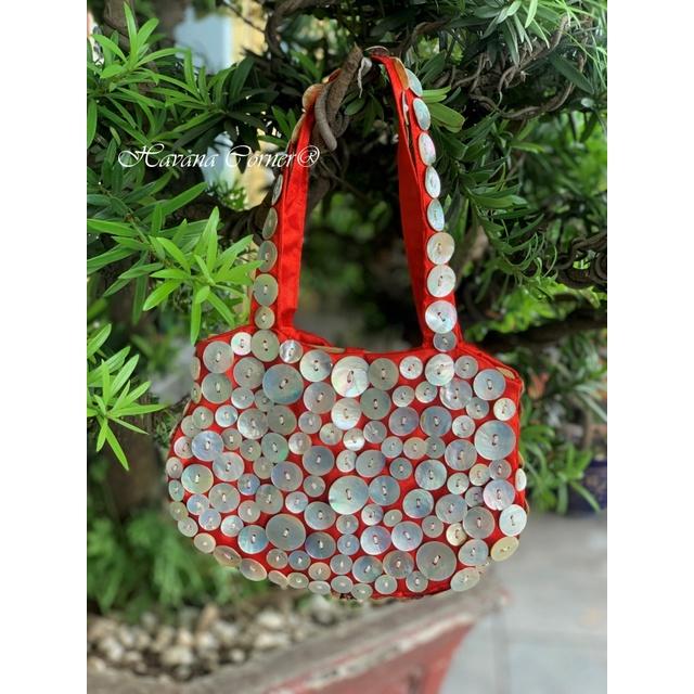 Túi xách tay đi tiệc khuy trai chất liệu taffeta handbag 20*15 cm - Vietnam Handmade Pouch With Embroidery