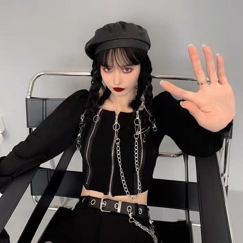 Áo trễ vai croptop khoá kéo cá tính mẫu 2021