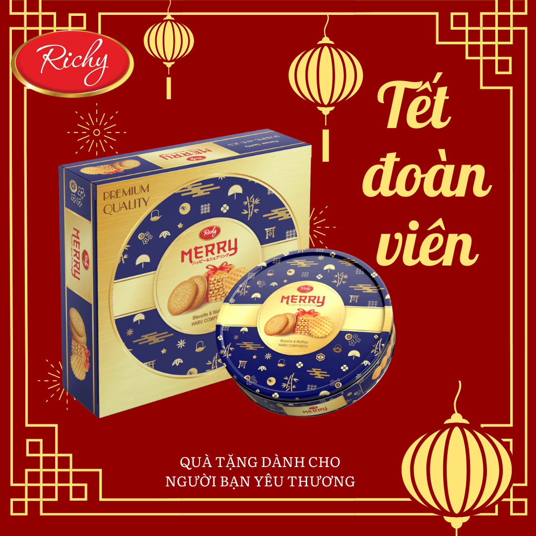 Hộp thiếc tròn Richy Merry Nhật Xanh - Bánh quy thập cẩm 333g