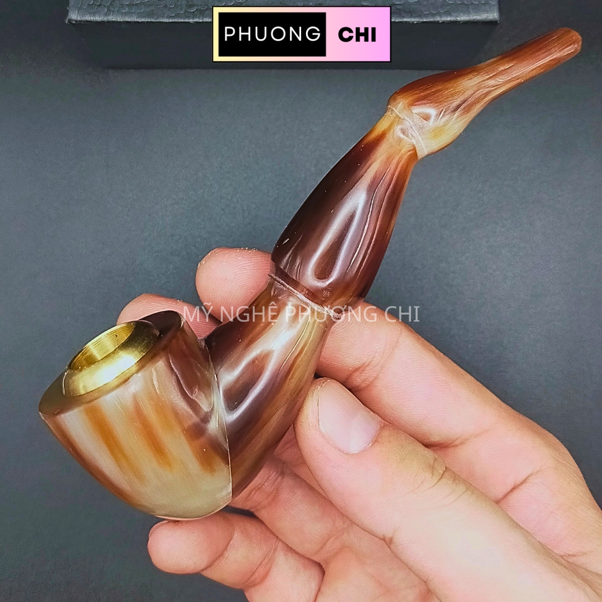 Tẩu Hút Thuốc_Lá Sợi kiểu đốt trúc bằng sừng nối đầu đồng | PHUONG CHI - GẠT TÀN