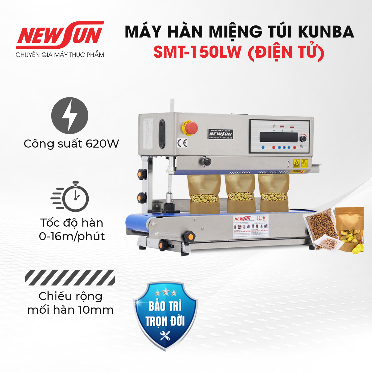 Máy hàn miệng túi Kunba SMT-150LW NEWSUN - Hàn nằm, hàn đứng, in date chìm - Hàng chính hãng