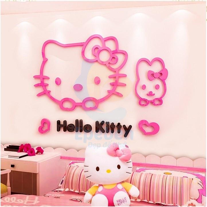 Tranh dán tường mica 3d decor khổ lớn hello kitty và khung ảnh trang trí mầm non, mẫu giáo, phòng cho bé