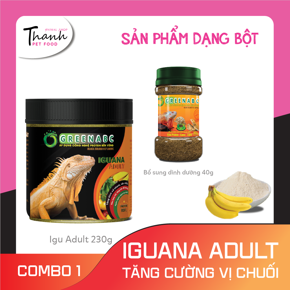 Thức ăn bò sát Iguana Trưởng Thành nhãn GREENABC vị chuối dùng cho Iguana từ 1m trở lên – Gai bung, gù cao, dáng đẹp, lên màu tươi - Hộp 230g