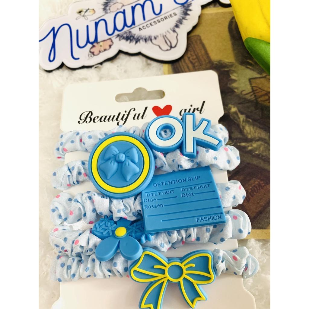 Set 5 dây crunchies buột tóc phối theo màu họa tiết cực trend - Nunam shop đồ cột tóc đẹp, cute, cao cấp