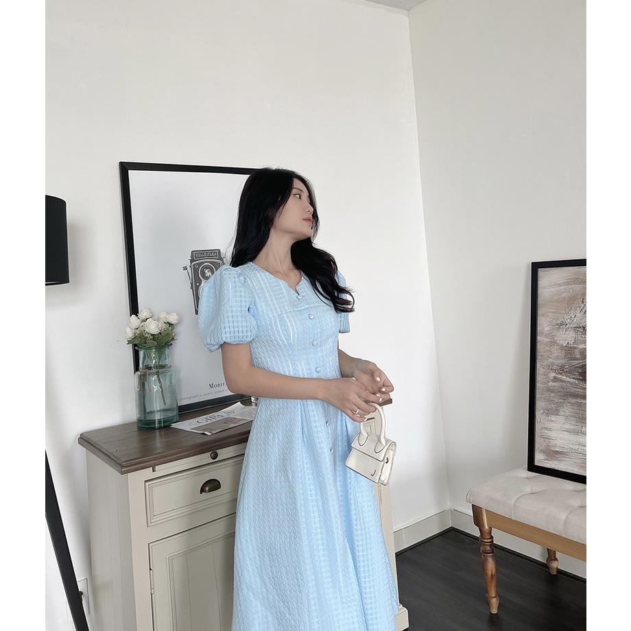 BBSTORE'S Đầm Xòe Tay Phồng Caro Nút Bọc Thời Trang Cho Nữ Đi Làm Đi Tiệc -D1056