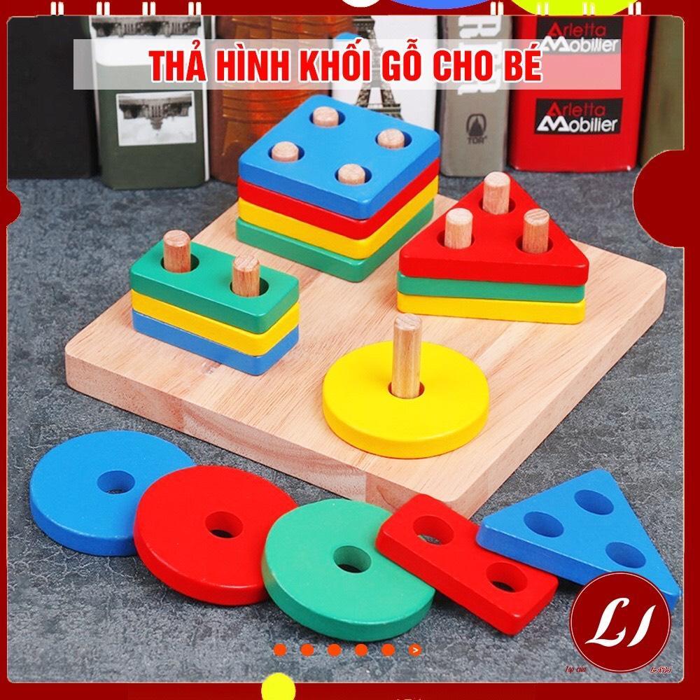 Bộ thả hình khối 6 cọc trụ bằng gỗ, đồ chơi trí tuệ cho bé học hình khối, học màu sắc