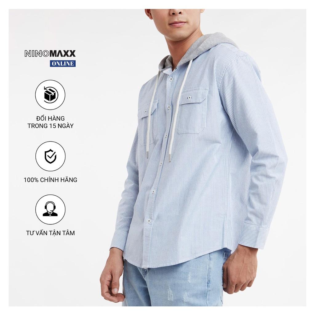 Ninomaxx Áo sơ mi nam phối nón màu sọc xanh chất liệu 100% cotton 1912057