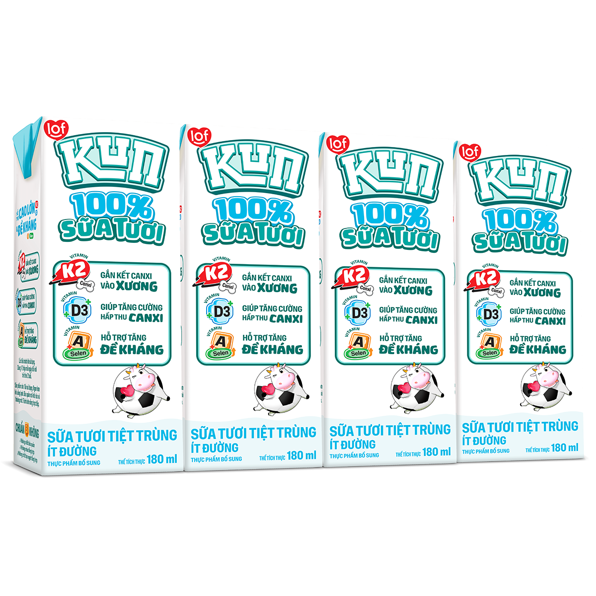 Thùng 48 hộp KUN 100% Sữa tươi ít đường 180ml/hộp