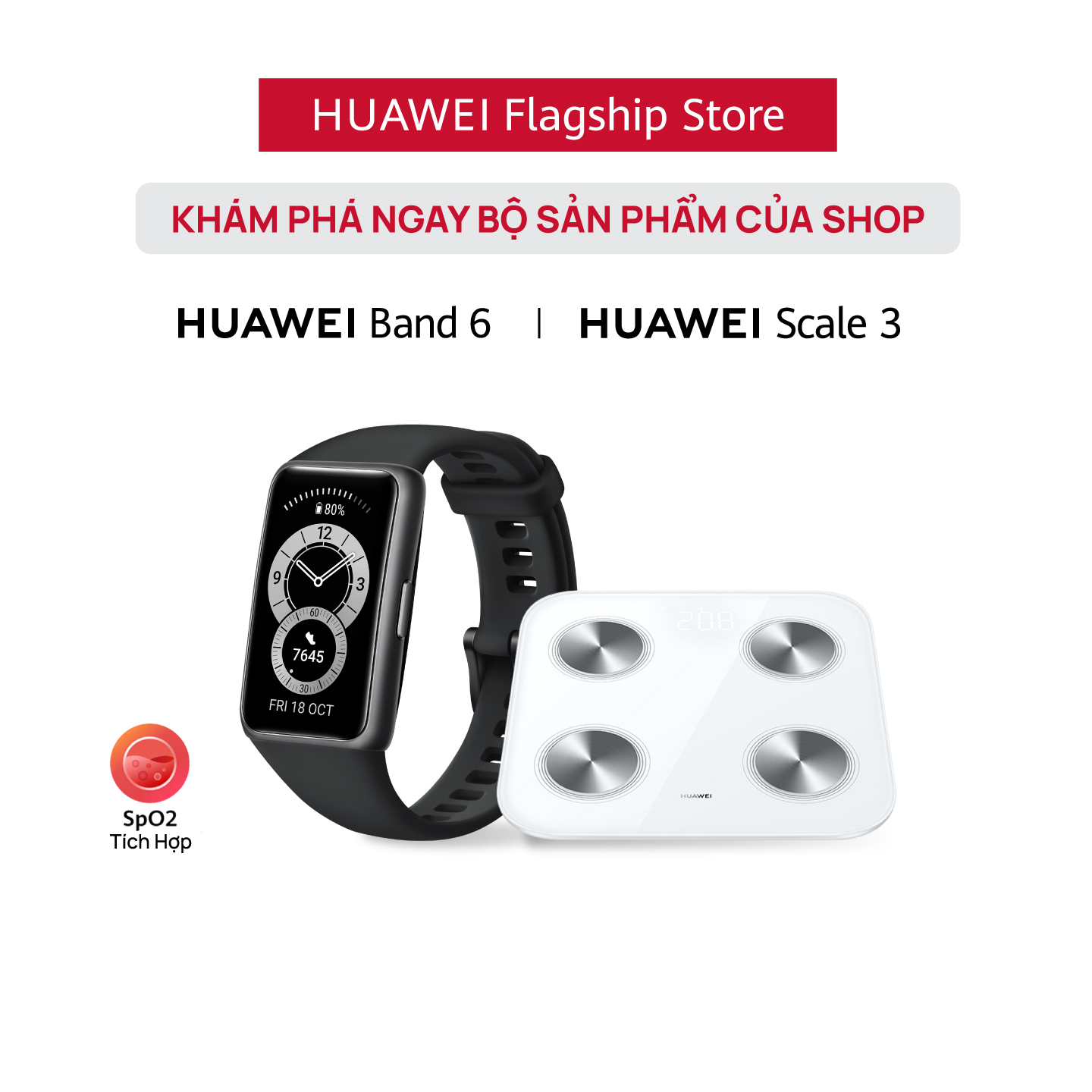 Bộ Sản Phẩm Huawei (Vòng Đeo Tay Thông Minh HUAWEI Band 6 + Cân Điện Tử HUAWEI Scale 3) | Hàng Chính Hãng