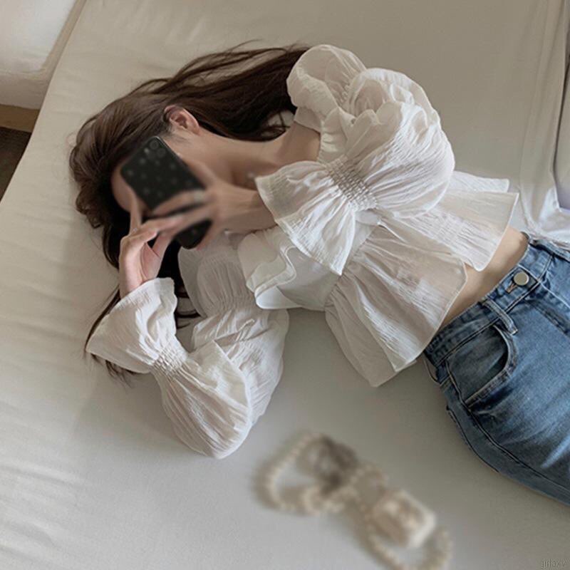 Áo thời trang nữ dáng ngắn nhún bèo dài tay