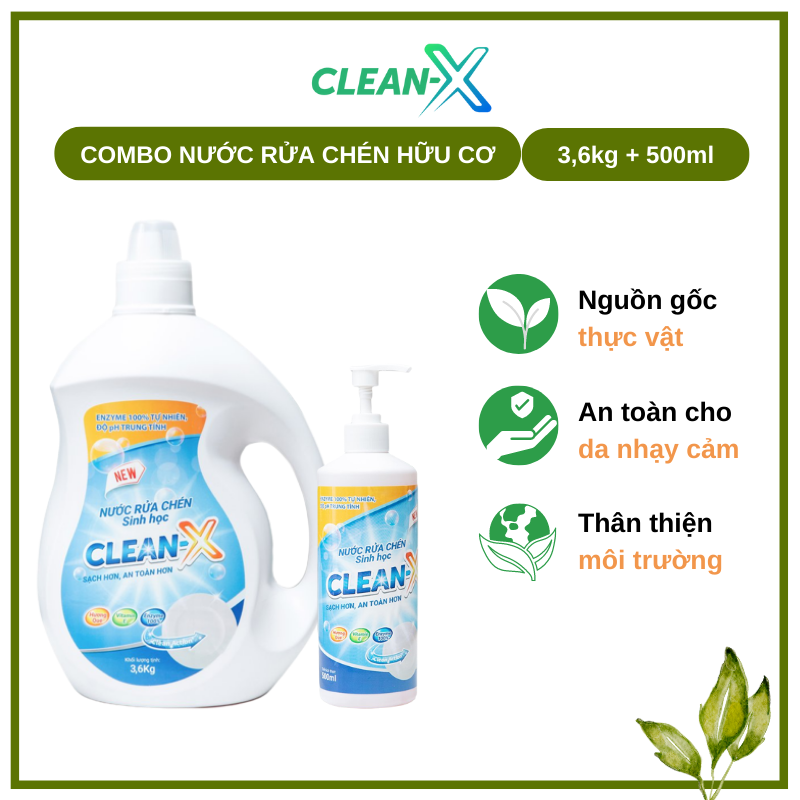 NƯỚC RỬA CHÉN BÁT SINH HỌC CLEANX 500ml - COMBO 5 CHAI 500ml