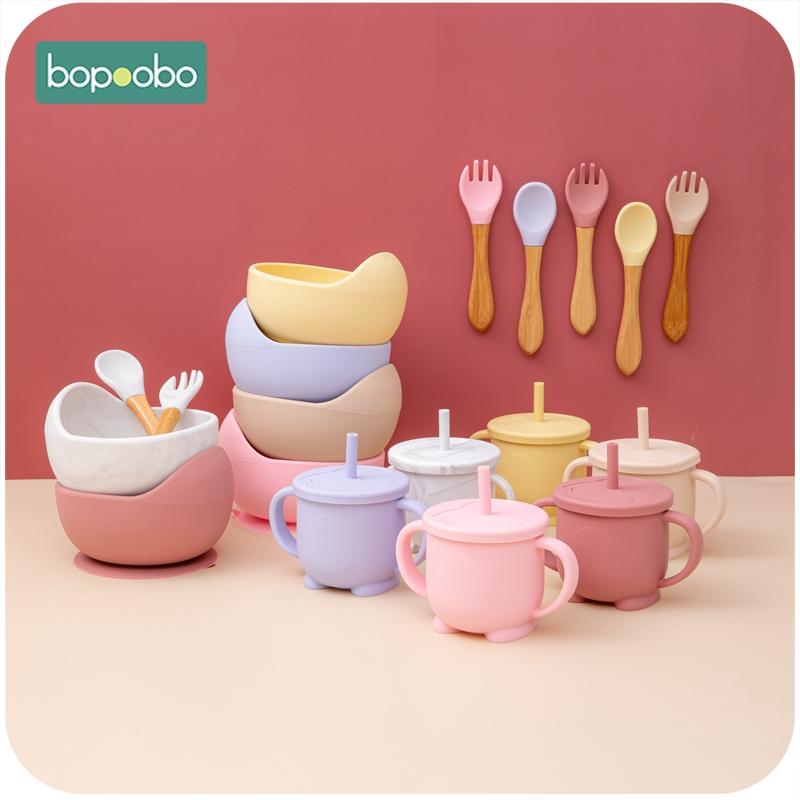 Dẻo Silicone Cho Bé BÁt 4Pc/1 Bộ Bộ Đồ Ăn Chống Thấm Cho Bé Học Tập Tô Bộ Gỗ Giỏ Muỗng Nĩa Không chống Trượt Cho Trẻ Học