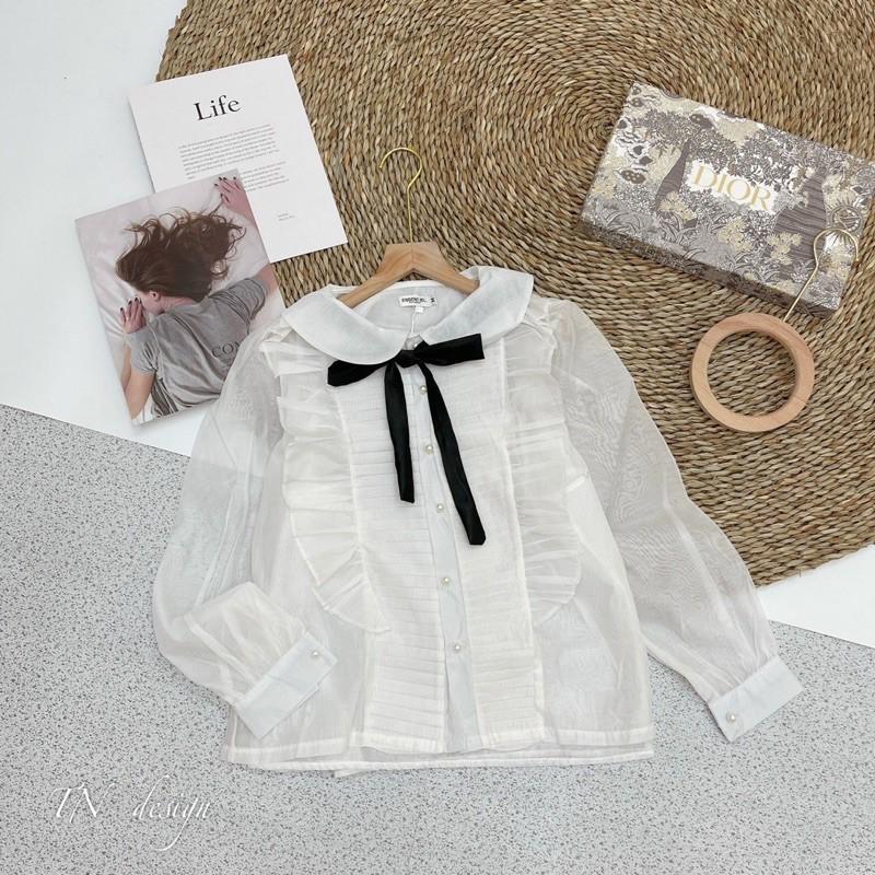 Áo sơmi tơ xếp ly viền bèo