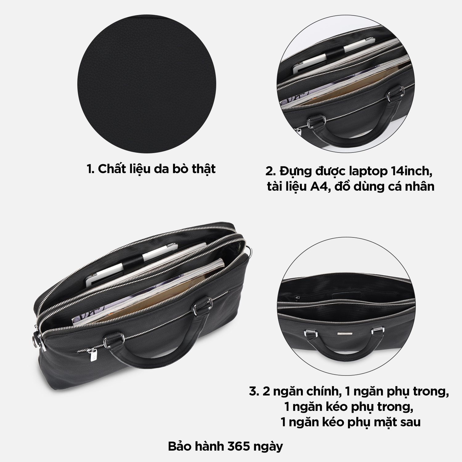 Túi xách da bò công sở đựng laptop 14inch, túi da đeo chéo nam nữ đựng tài liệu A4 IDIGO MB1 - 20000