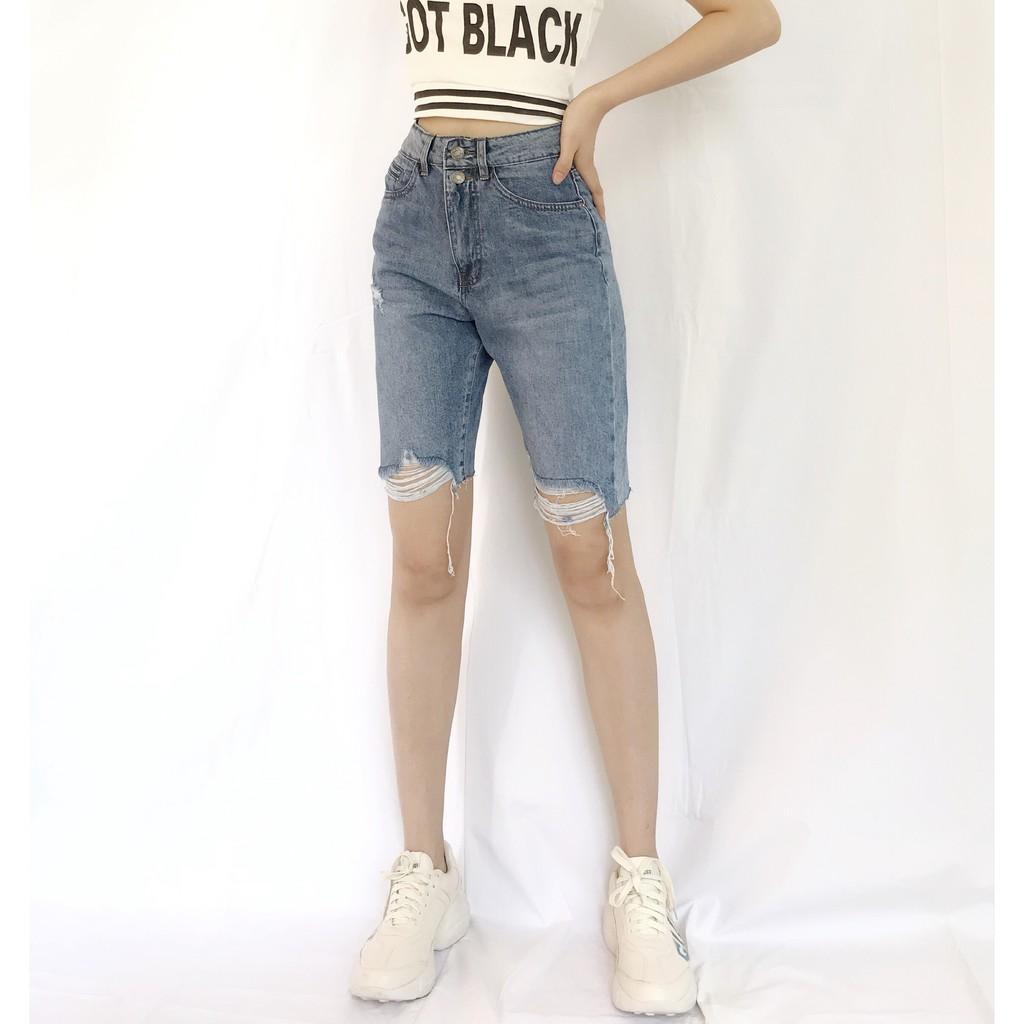 Quần Jean Ngố Body - Jeans rách gối lửng nữ dáng ôm skinny màu xanh cạp cao