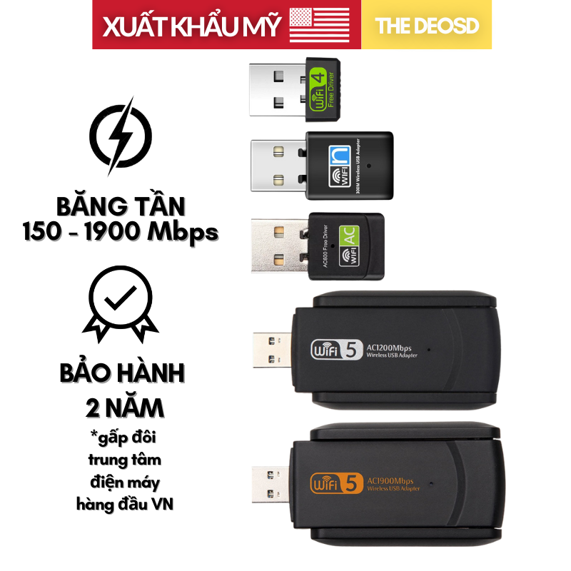 | Xuất Khẩu Mỹ | - Bộ Chuyển Đổi WiFi USB 150Mbps, 300Mbps, 600Mbps, 1200Mbps, 1900Mbps - The Deosd USB WIFI - Hàng Chính Hãng