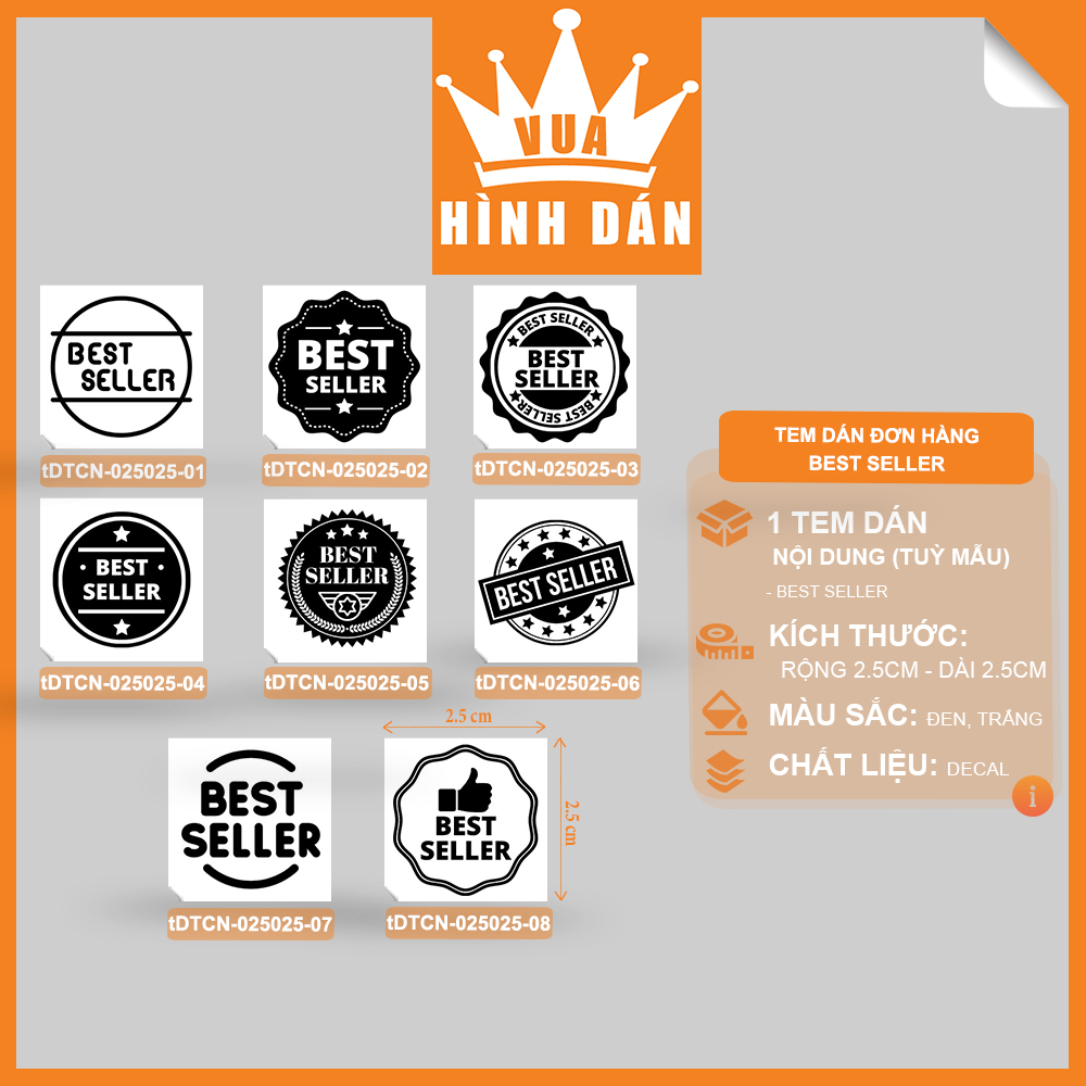 Set 100/200 sticker BEST SELLER (2.5x2.5cm) tem dán mini BÁN CHẠY dành cho shop (4.013)