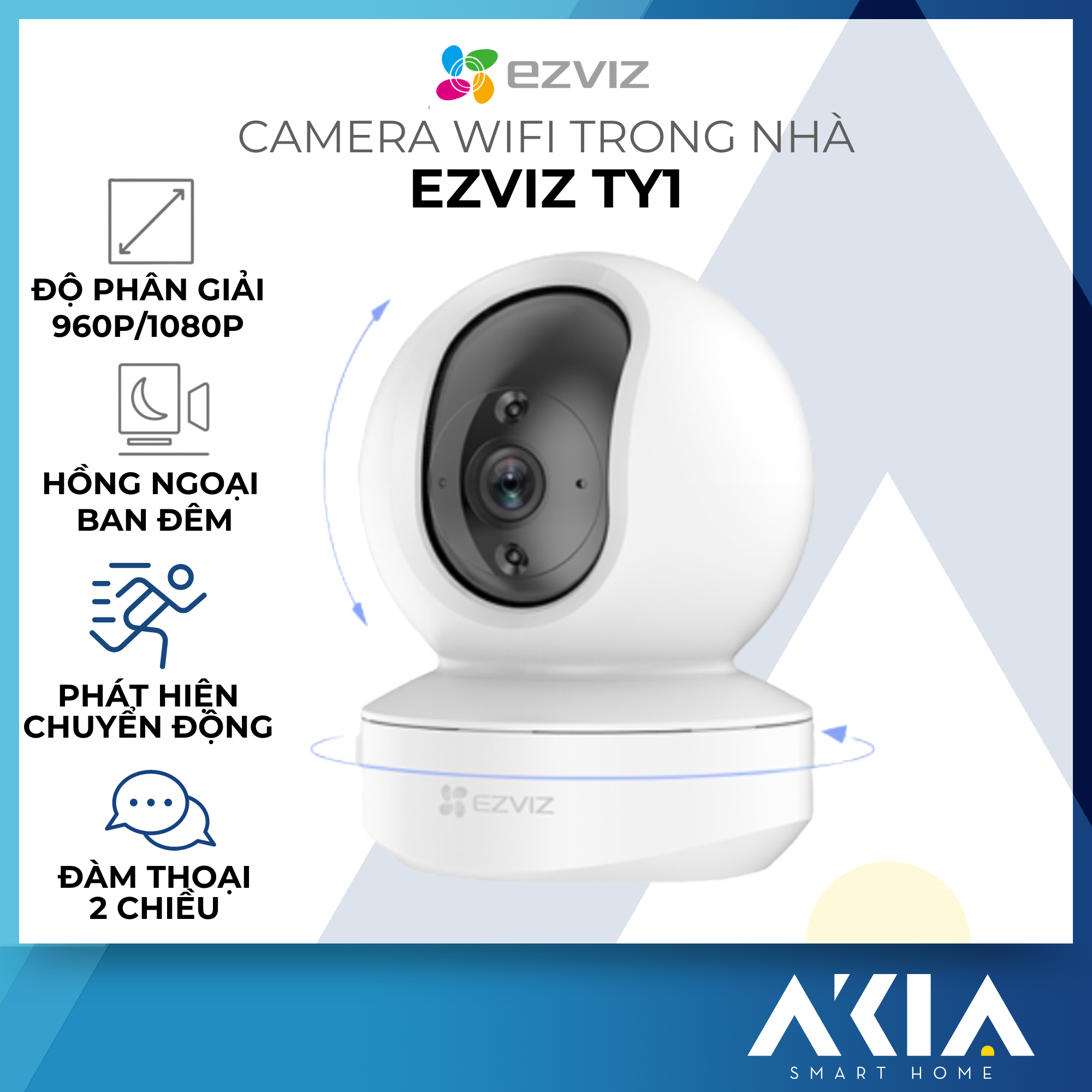 Camera Wifi trong nhà Ezviz TY1 - Phát hiện chuyển động, đàm thoại 2 chiều, có hồng ngoại ban đêm, tầm nhìn ban đêm thông minh 10 mét, độ phân giải 980P/1080P, chuẩn nén H624 - Hàng chính hãng