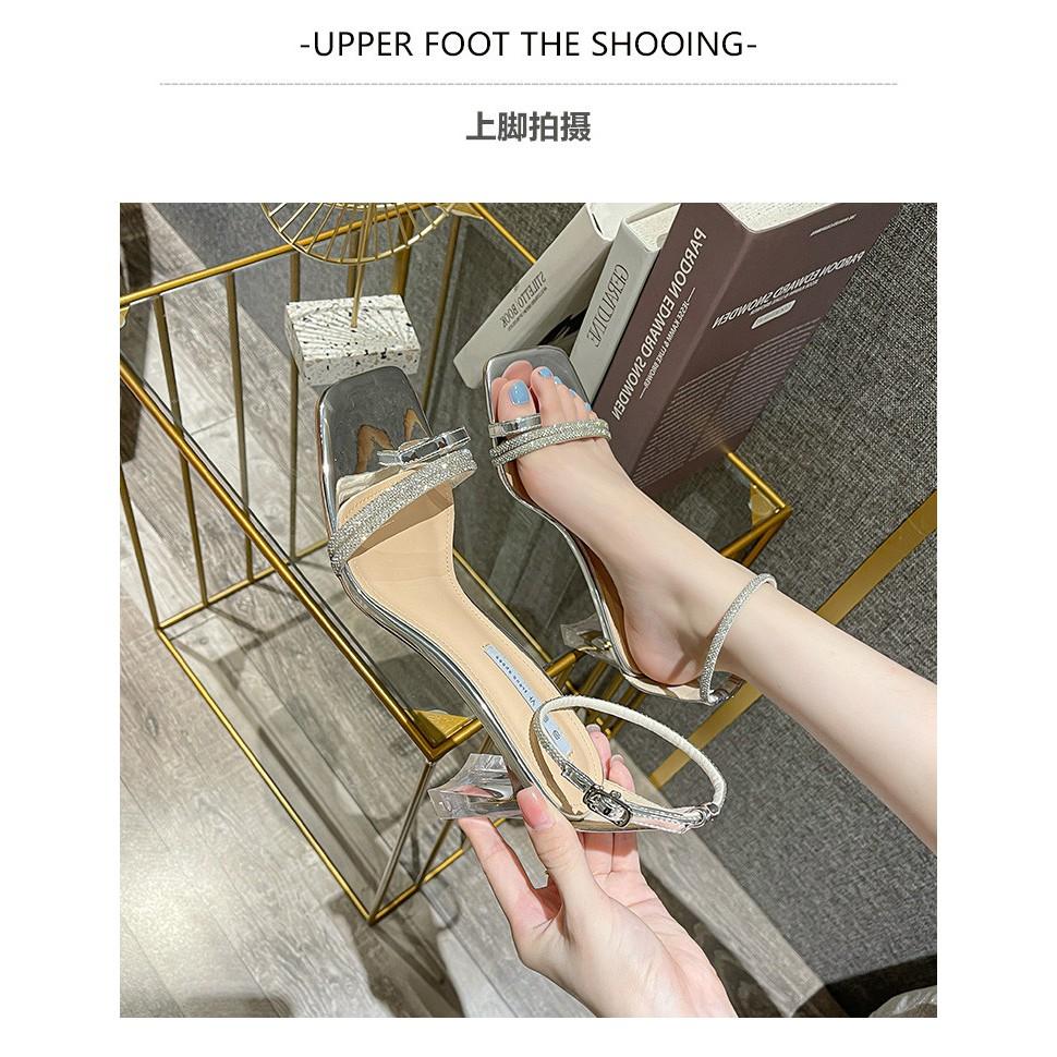 Giày sandal cao gót LNS35 mũi vuông, gót trong phối quai dây mảnh cao 9 cm