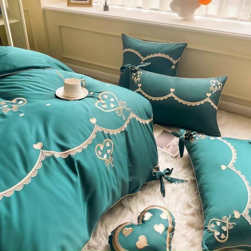Bộ Chăn Ga Gối lụa 7 món chất liệu thêu ai cập dầy dặn