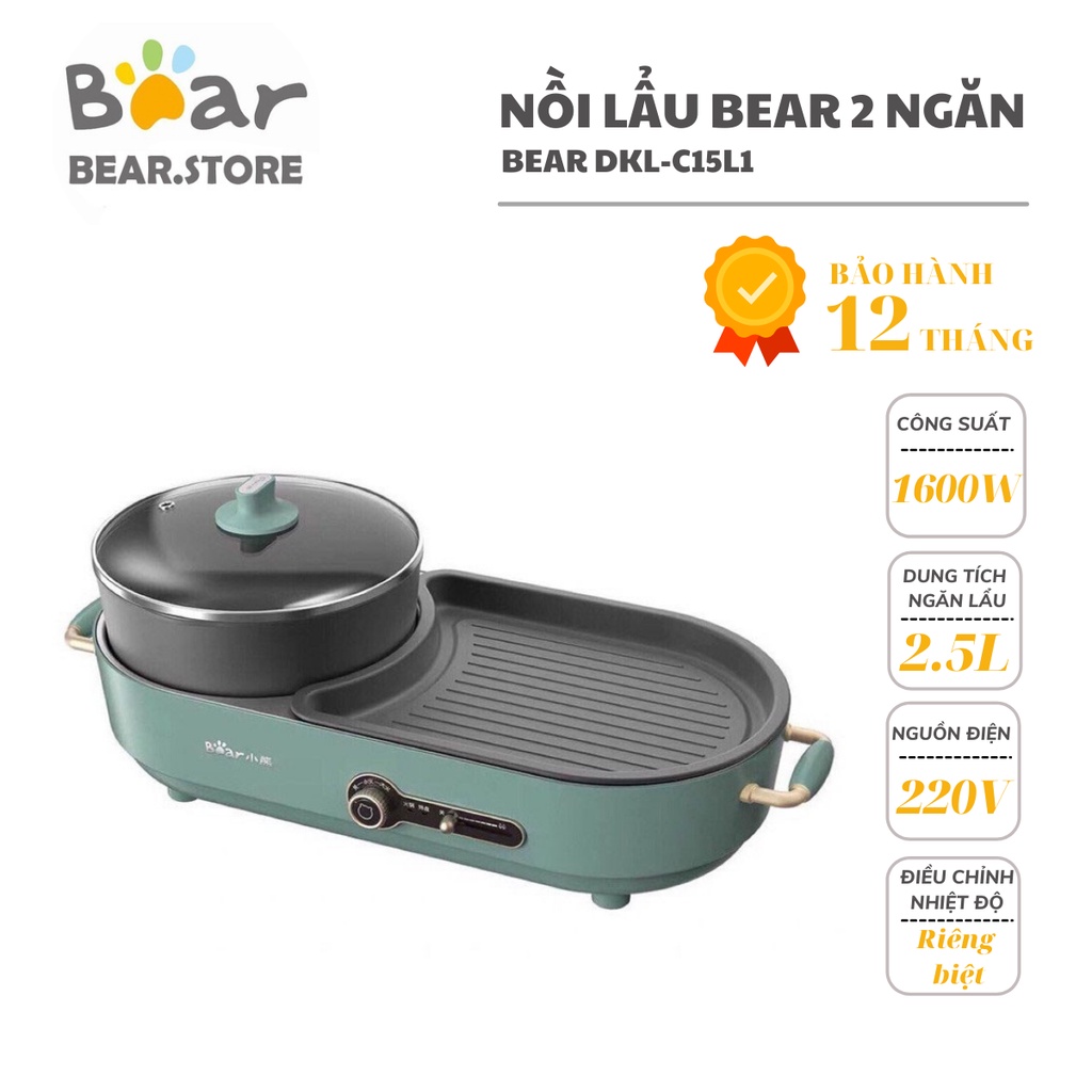 Bếp lẩu nướng đa năng, bếp lẩu điện có thể tháo rời BEAR DKL-C15L1