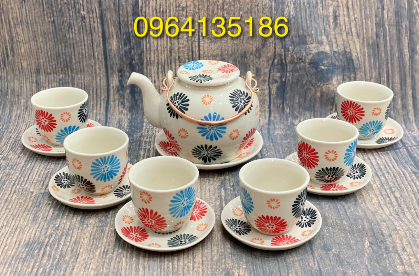Bộ ấm chén Trà hoa cúc mầu quai đồng gốm sứ cao cấp Bát Tràng