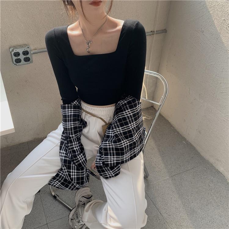 Áo croptop dài tay cổ vuông chất đẹp thời trang Banamo Fashion 3112