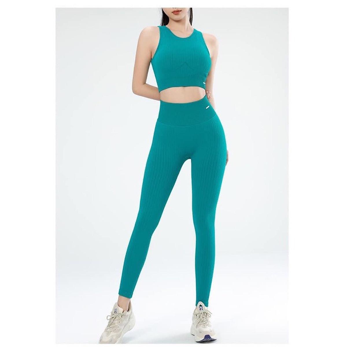 SET ĐỒ NỮ TẬP GYM YOGA CHẤT VẢI DỆT THUN TĂM LOẠI 1 ( ÁO ĐÃ CÓ MÚT CHỐNG SỐC ) - xanh, xanh
