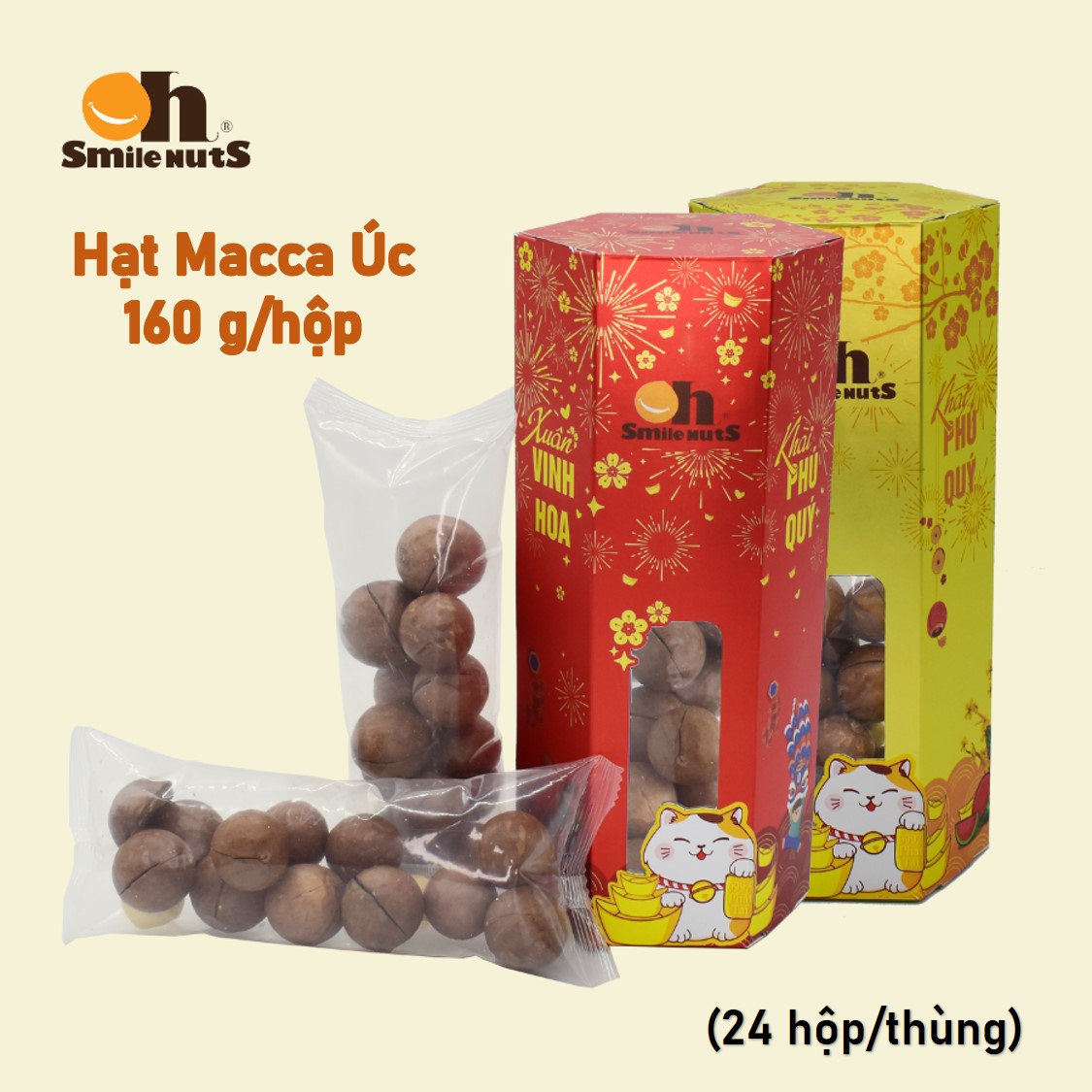 Hạt Macca Úc Smile Nuts nứt vỏ thượng hạng hộp 160g _ Hạt Macca Úc giúp bảo vệ tim mạch, hỗ trợ trao đổi chất và chống oxy hóa, vị thơm ngọt béo bùi, đảm bảo không hôi dầu _ Quà tết hộp lục giác 2023