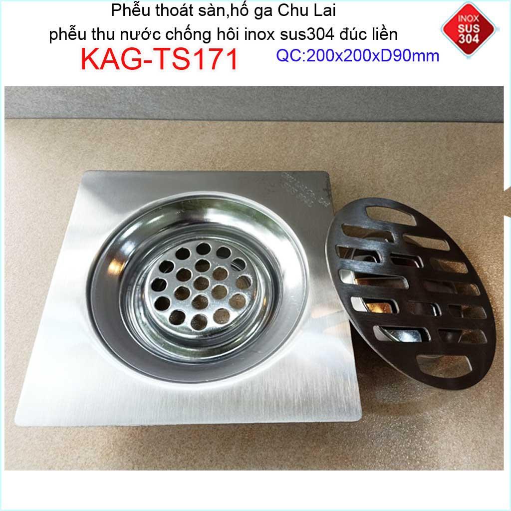 Phễu thoát sàn Chu Lai 20x20cm KAG-TS171-D90, Hố ga thoát sàn ống 9cm SUS304 inox đúc dày thoát nhanh chặn tóc tốt