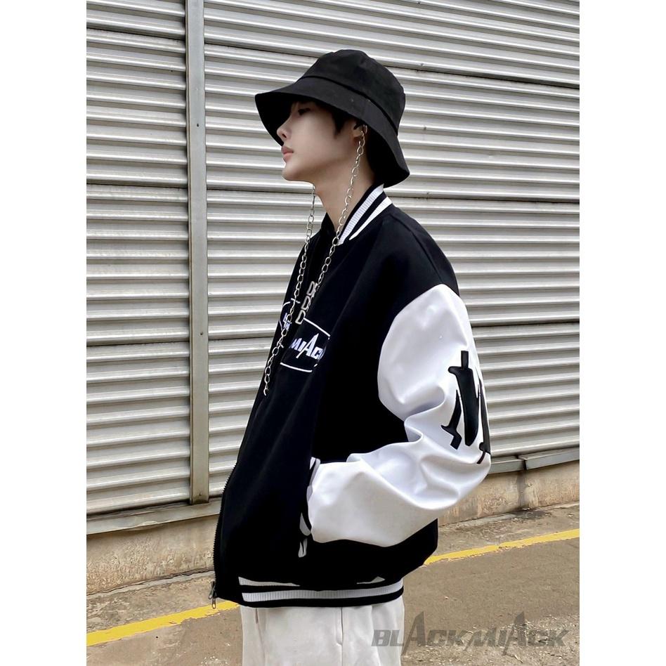 Áo khoác dù bomber logo in Black Miack đẹp, tay phối màu trẻ trung cá tính,Áo khoác bomber tay phối cam in logo ulzzang