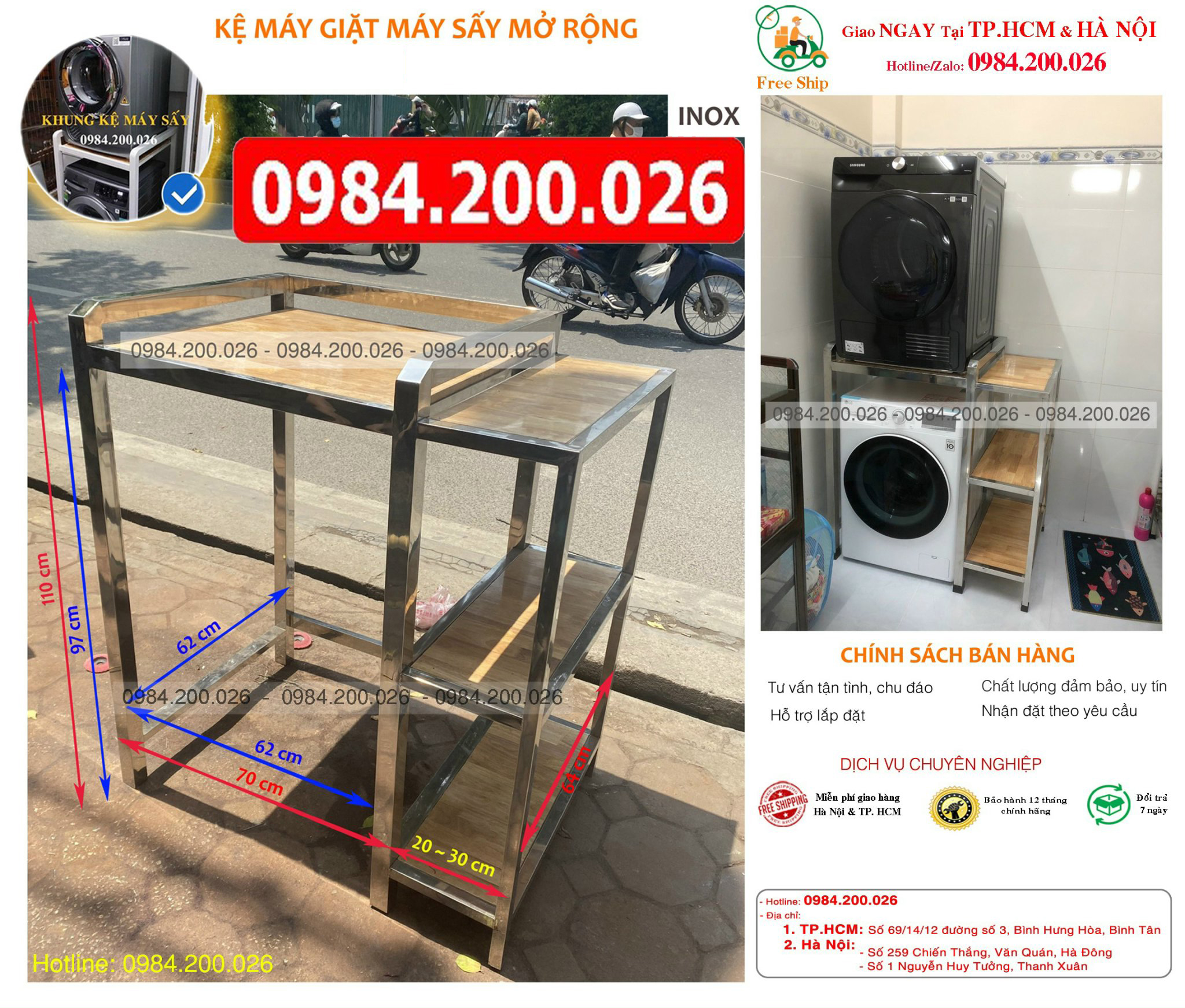 Kệ máy giặt, máy sấy mở rộng INOX - Giao ngay TP. HCM & Hà Nội - Hàn liền khối, mặt gỗ tự nhiên, chịu tải 300Kg